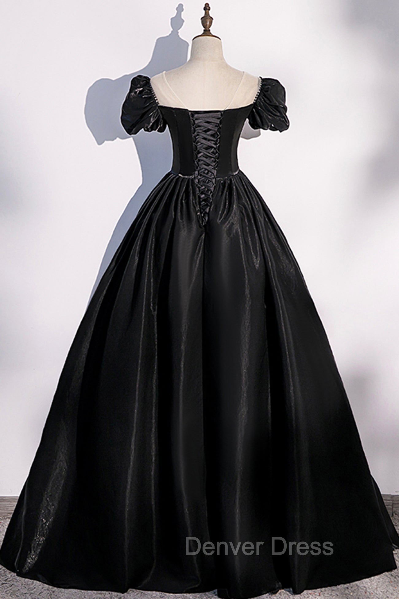Black Satin Long Prom Dresses, Black A-Line Short Sleeve Evening Dresses