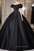 Black Satin Long Prom Dresses, Black Long Formal Sweet 16 Dresses
