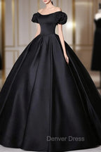 Black Satin Long Prom Dress, Black Long Prom Sweet 16 Dresses