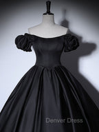 Black Satin Long Prom Dress, Black Long Prom Sweet 16 Dresses