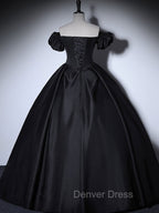 Black Satin Long Prom Dresses, Black Long Formal Sweet 16 Dresses