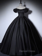 Black Satin Long Prom Dress, Black Long Prom Sweet 16 Dresses