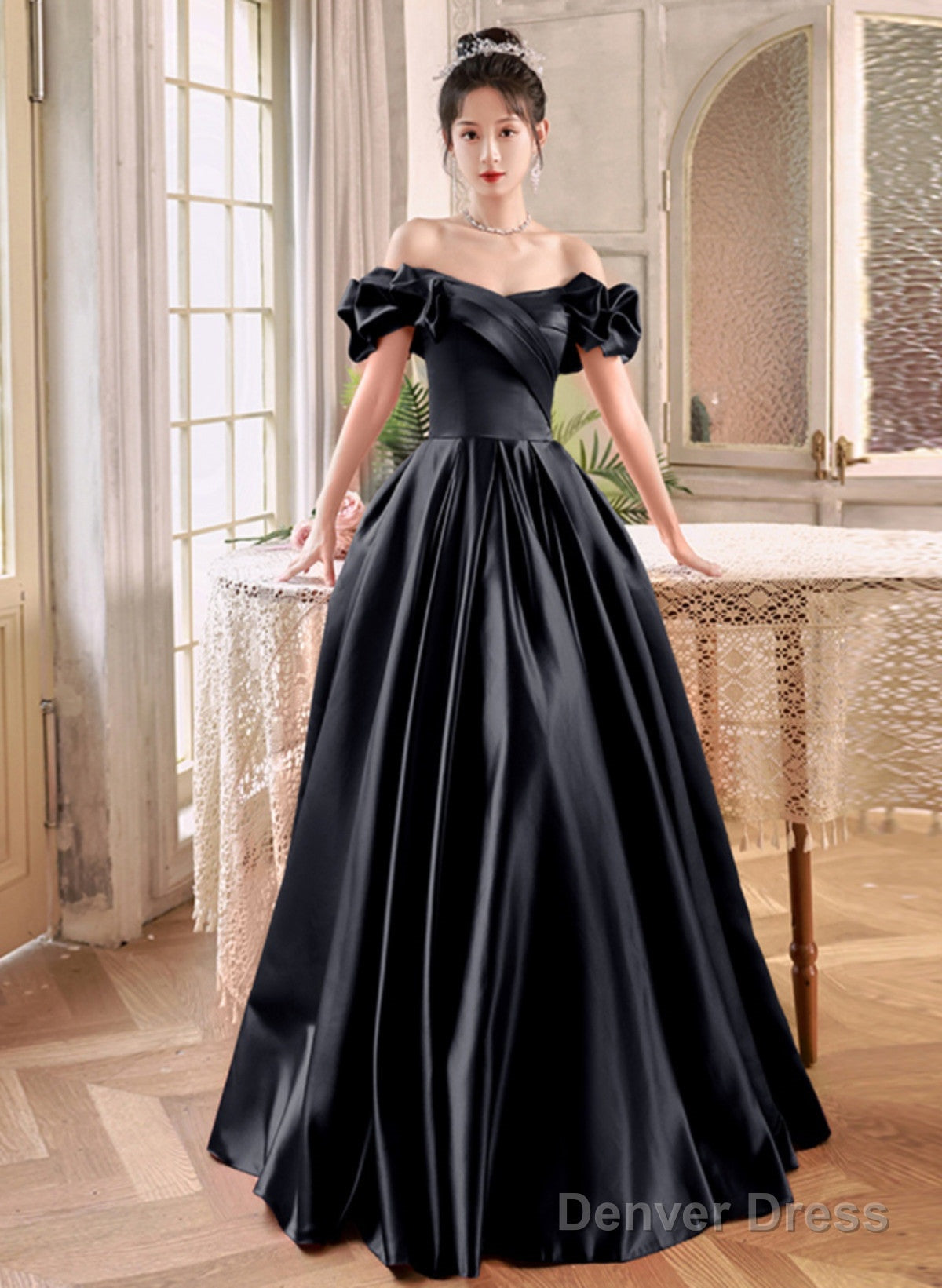 Black Satin Off Shoulder Long Formal Dress Evening Dress, Black Satin Prom Dress Secondary image