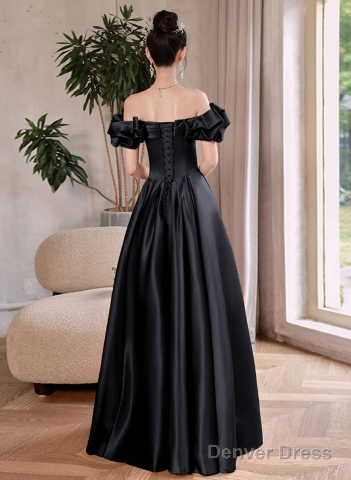 Black Satin Off Shoulder Long Prom Dress Prom Dress, Black Satin Prom