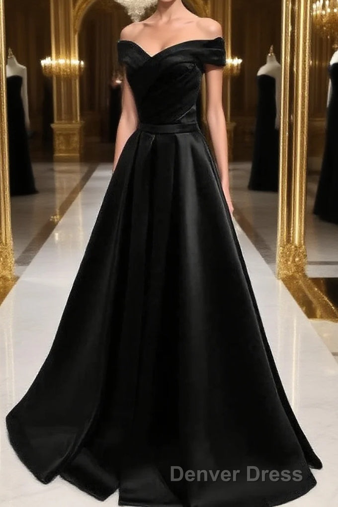 Black Satin Off Shoulder Long Simple Evening Dresses Formal Dresses,Stunning Party Gown Main image