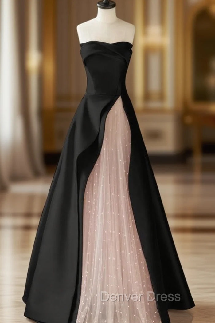 Black Satin Pink Tulle Strapless Prom Dresses Main image