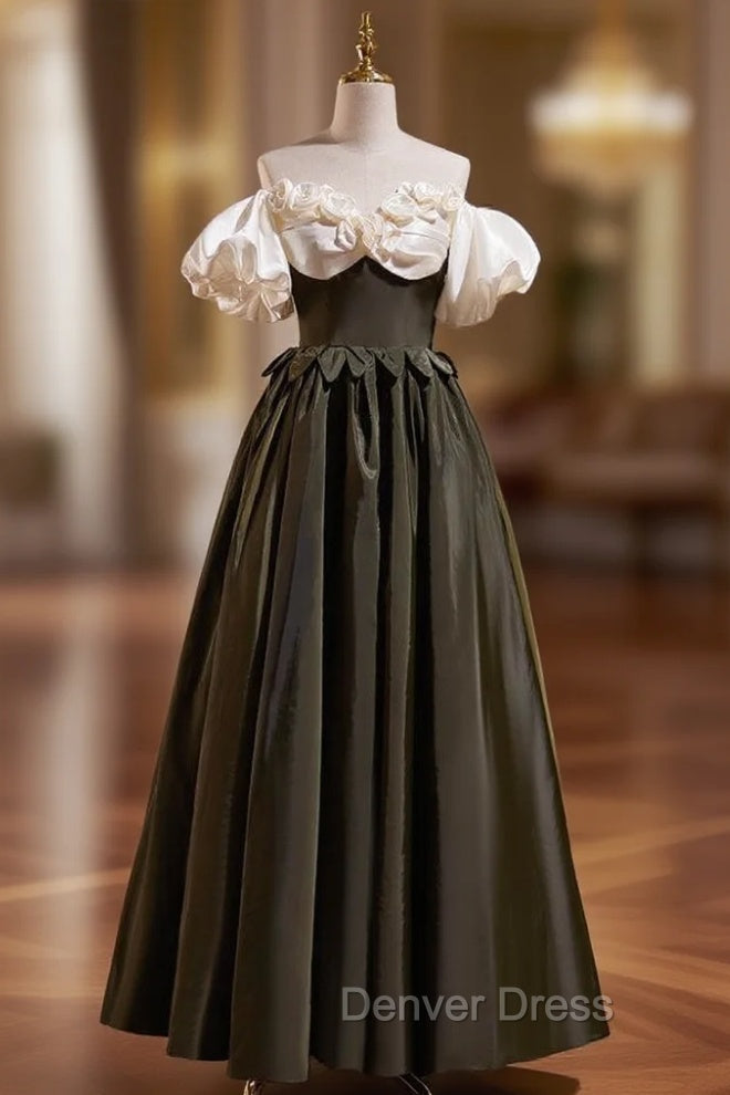 Black Satin Puff Sleeve Flower Prom Dresses