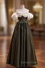 Black Satin Puff Sleeve Flower Prom Dresses