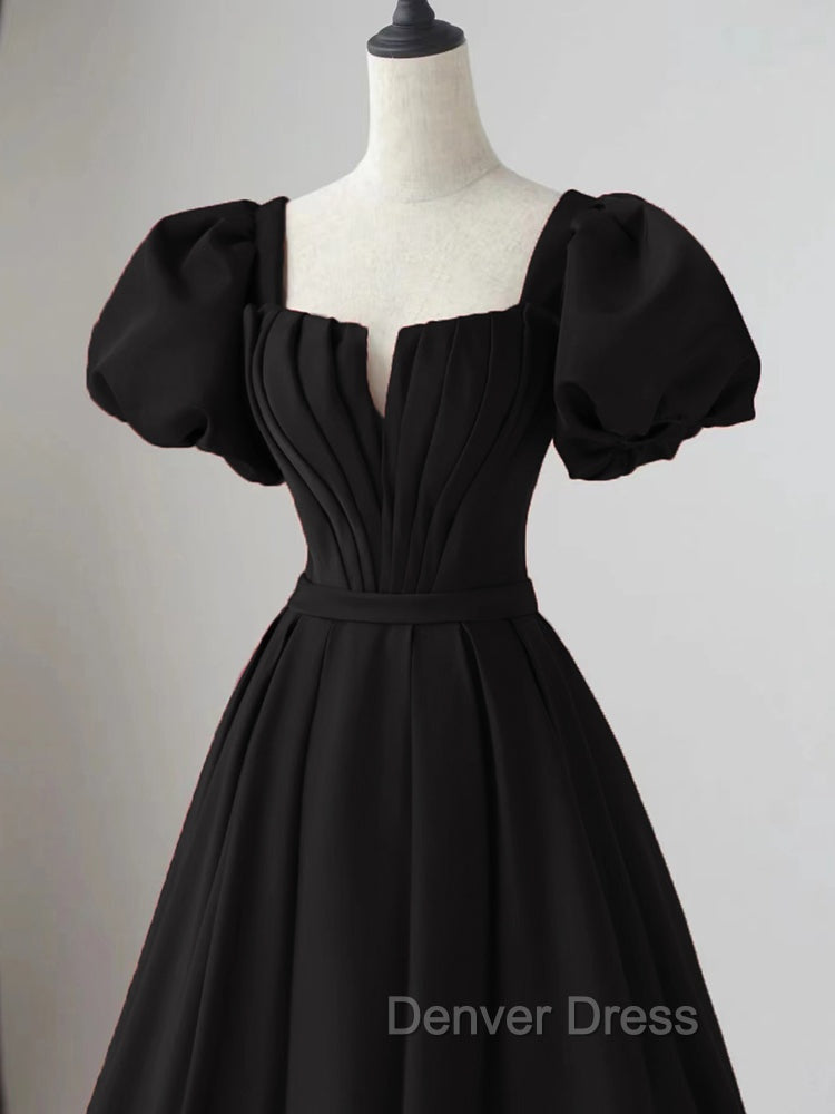 Black Satin Puffy Sleeves Long Prom Dress, Black Long Prom Dresses