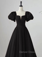Black Satin Puffy Sleeves Long Prom Dress, Black Long Prom Dresses