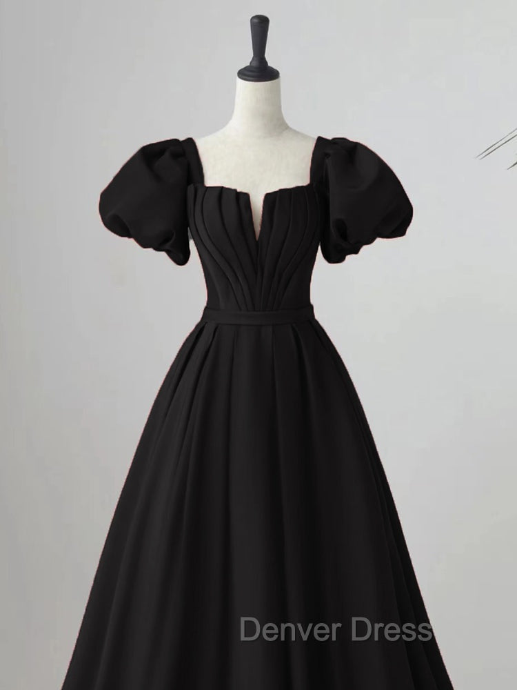 Black Satin Puffy Sleeves Long Prom Dress, Black Long Prom Dresses