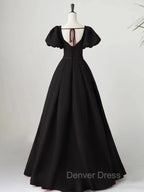Black Satin Puffy Sleeves Long Prom Dress, Black Long Prom Dresses