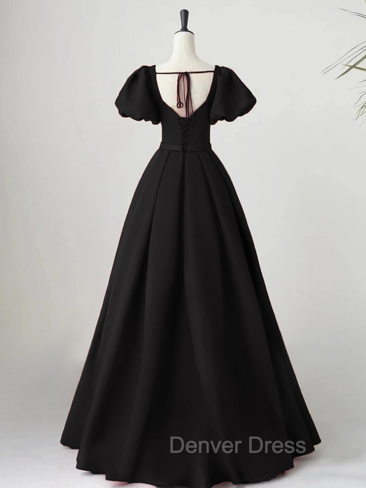 Black Satin Puffy Sleeves Long Prom Dress, Black Long Prom Dresses