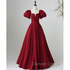 Black Satin Puffy Sleeves Long Prom Dress, Black Long Prom Dresses