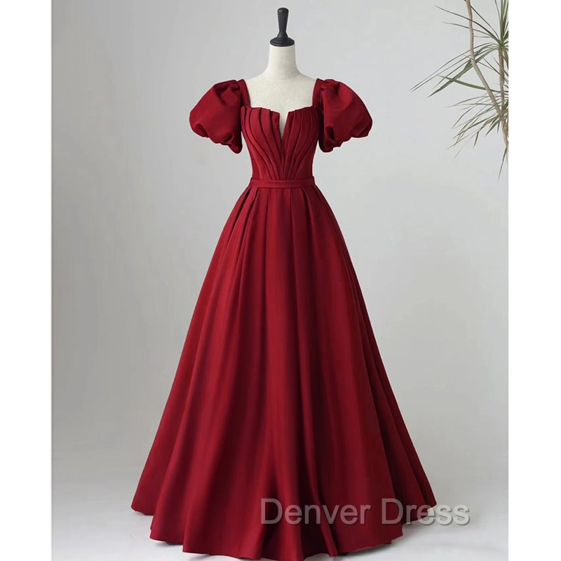 Black Satin Puffy Sleeves Long Prom Dress, Black Long Prom Dresses