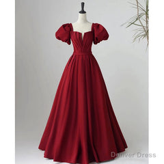 Black Satin Puffy Sleeves Long Evening Party Dress, Black Long Prom Dress