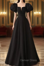 Black Satin Puffy Sleeves Long Prom Dress, Black Long Prom Dresses