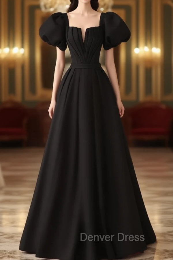 Black Satin Puffy Sleeves Long Prom Dress, Black Long Prom Dresses