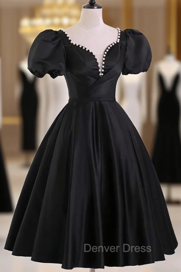 Black Satin Short Sleeves Knee Length Prom Dress, Black Homecoming Dresses
