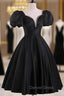 Black Satin Short Sleeves Knee Length Prom Dress, Black Homecoming Dresses