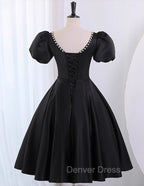 Black Satin Short Sleeves Knee Length Prom Dress, Black Homecoming Dresses