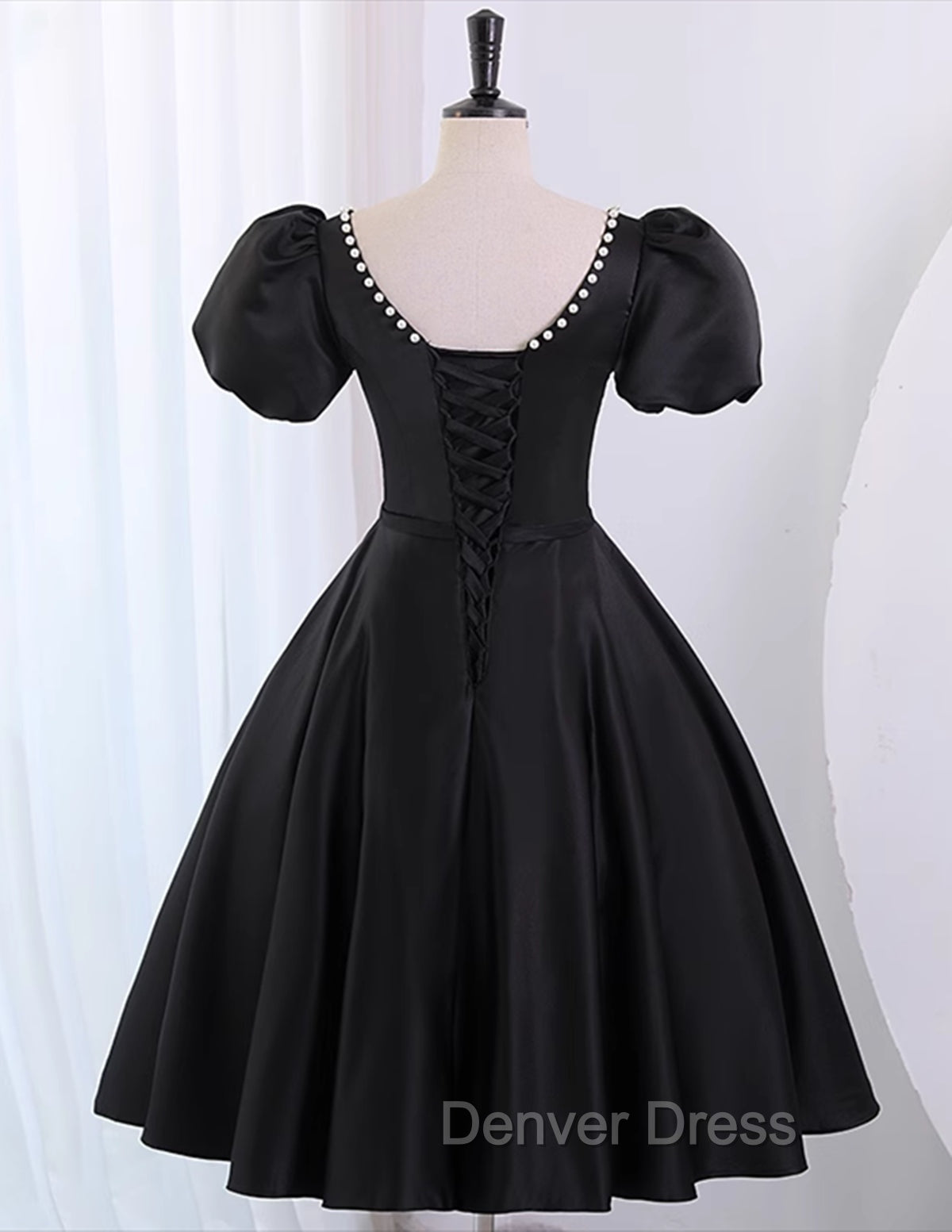 Black Satin Short Sleeves Knee Length Prom Dress, Black Homecoming Dresses
