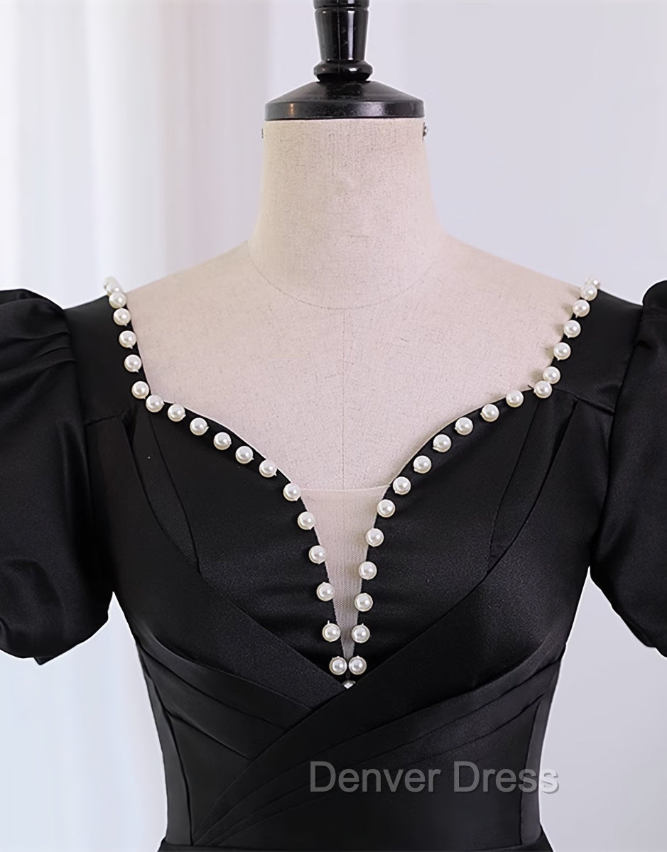 Black Satin Short Sleeves Knee Length Prom Dress, Black Homecoming Dresses