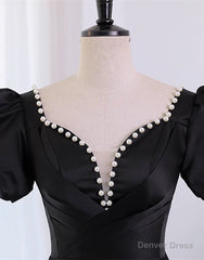 Black Satin Short Sleeves Knee Length Party Dress, Black Homecoming Dress