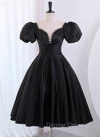 Black Satin Short Sleeves Knee Length Prom Dress, Black Homecoming Dresses