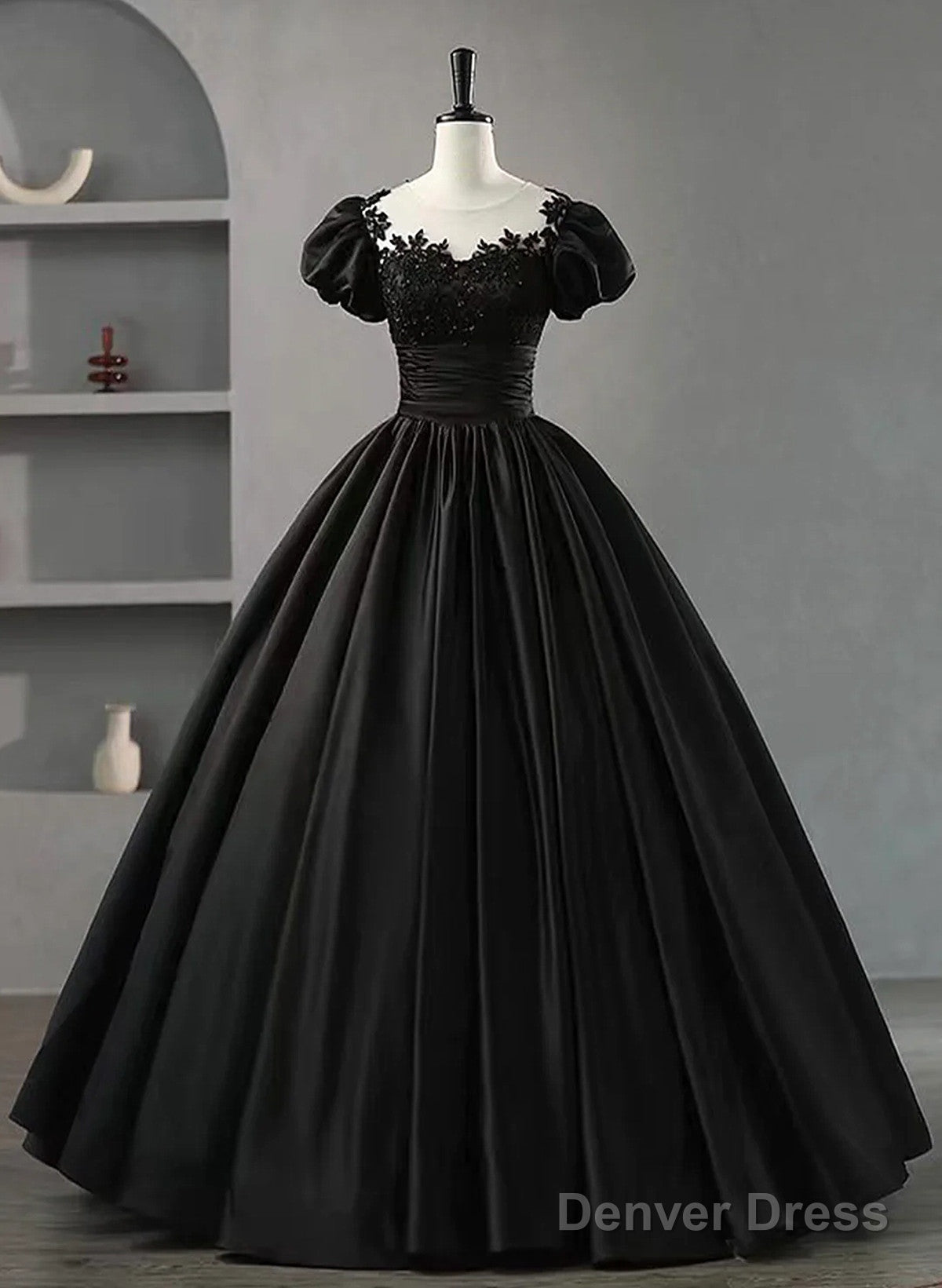 Black Satin Short Sleeves Round Neckline Party Dress, Black Sweet 16 Dress Main image