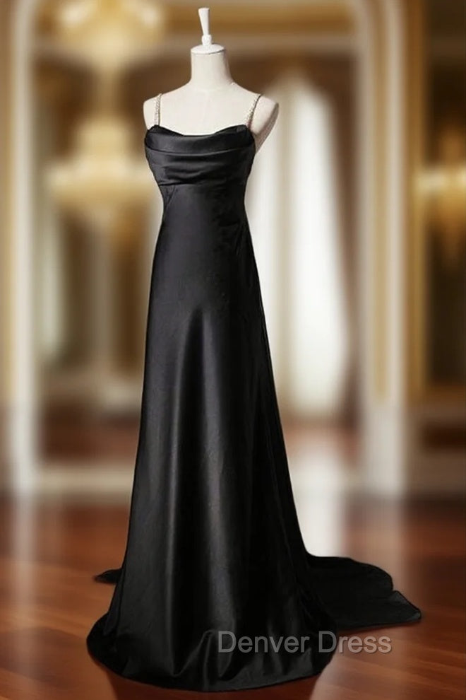 Black Satin Spaghetti Straps Pleats Prom Dresses Main image