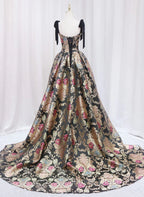 Black Satin Straps A Line Floral Long Prom Dress, Black Prom Dresses