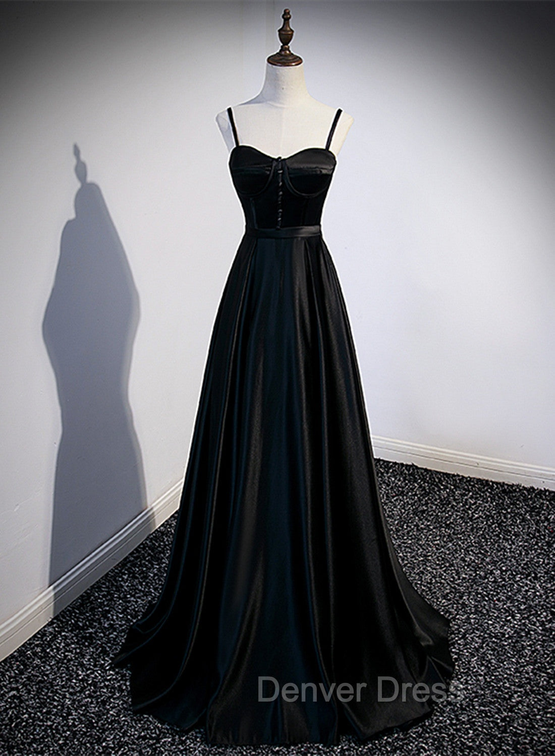 Black Satin Straps Long Prom Dress, Black Sweetheart Long Prom Dress