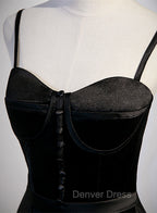 Black Satin Straps Long Prom Dress, Black Sweetheart Long Prom Dress