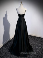 Black Satin Straps Long Party Dresses, Black Sweetheart Long Evening Dresses Prom Dresses