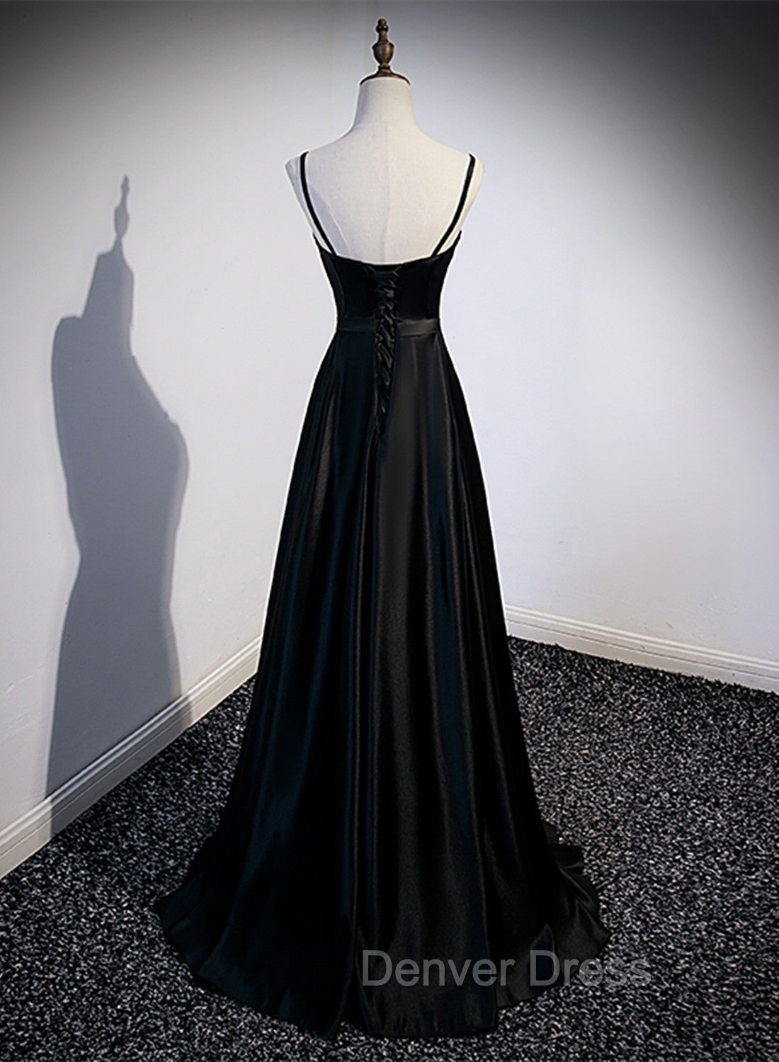 Black Satin Straps Long Party Dresses, Black Sweetheart Long Evening Dresses Prom Dresses