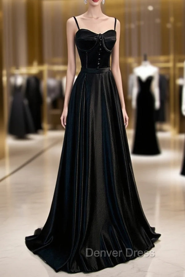 Black Satin Straps Long Party Dresses, Black Sweetheart Long Evening Dresses Prom Dresses Main image