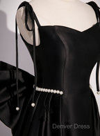 Black Satin Sweetheart Long Prom Dresses With Bow, Black Long Evening Dresses