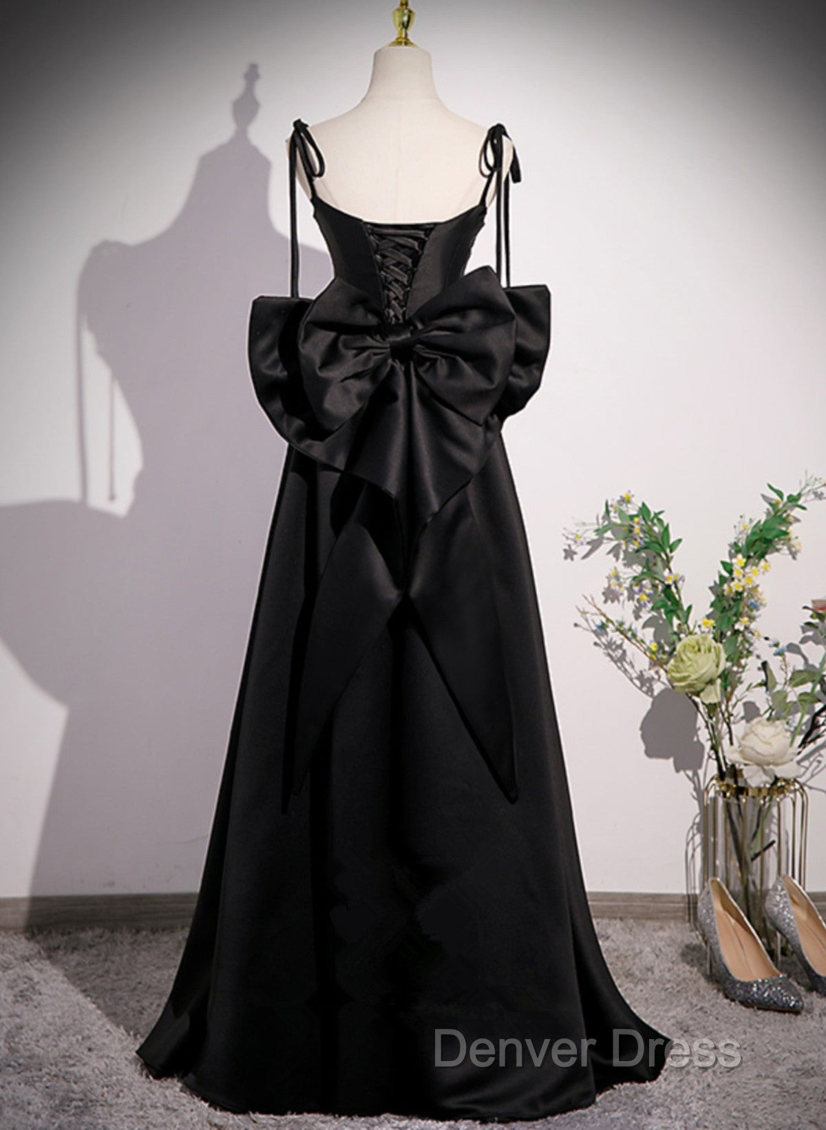 Black Satin Sweetheart Long Prom Dresses With Bow, Black Long Evening Dresses