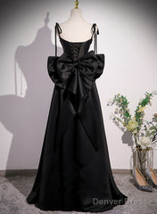 Black Satin Sweetheart Long Prom Dress With Bow, Black Long Evening Dress
