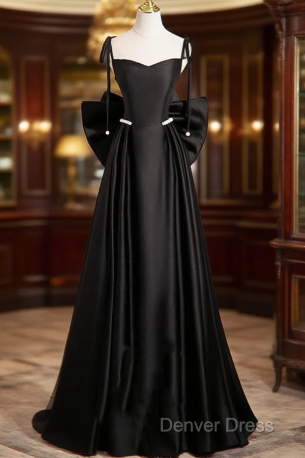 Black Satin Sweetheart Long Prom Dresses With Bow, Black Long Evening Dresses Main image
