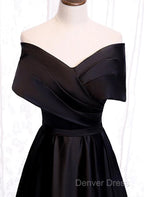 Black Satin Sweetheart Off Shoulder Prom Dress, Black A-Line Long Prom Dresses