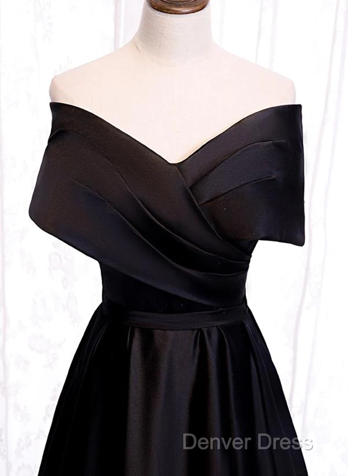 Black Satin Sweetheart Off Shoulder Prom Dress, Black A-Line Long Prom Dresses