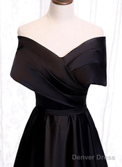 Black Satin Sweetheart Off Shoulder Party Dress, Black A-Line Long Formal Dress