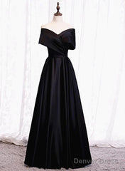 Black Satin Sweetheart Off Shoulder Party Dress, Black A-Line Long Formal Dress