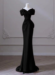 Black Satin Sweetheart Straps Long Formal Dress, Black Long Prom Dress