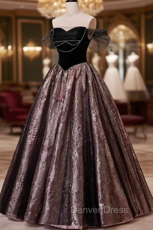 Black Satin Tulle Long Prom Dress, A Line Off Shoulder Prom Dress