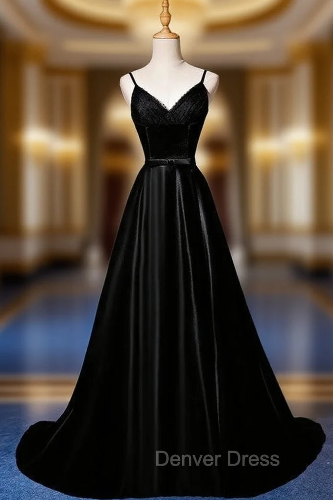 Black Satin Tulle Spaghetti Straps Prom Dresses Main image
