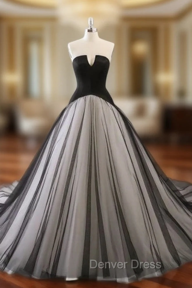 Black Satin Tulle Strapless Sleeveless Wedding Dresses With Train Main image