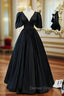 Black Satin V-neck Backless Puff Sleeve Prom Dresses
